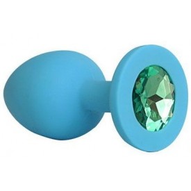 Голубая силиконовая анальная пробка с зеленым кристаллом - 9,5 см.