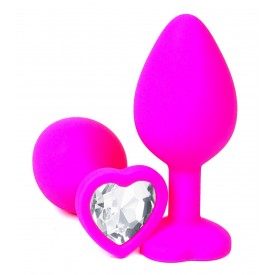 Розовая силиконовая пробка с прозрачным кристаллом-сердцем - 10,5 см.
