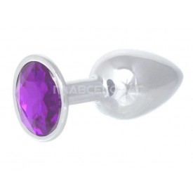 Серебристая анальная пробка с фиолетовым кристаллом - 7 см.