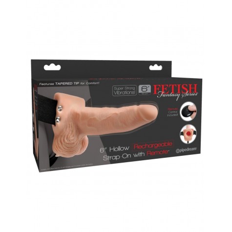 Телесный перезаряжаемый вибрострапон 6" Hollow Rechargeable Strap-On Remote - 17,5 см.